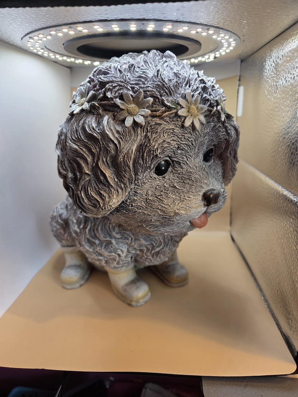 Floral Crown Gray Dog Figurine Decorative Accent